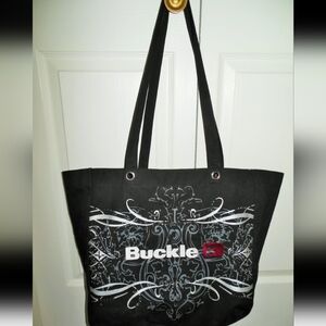 New Buckle Embellished Canvas Tote Bag Black
